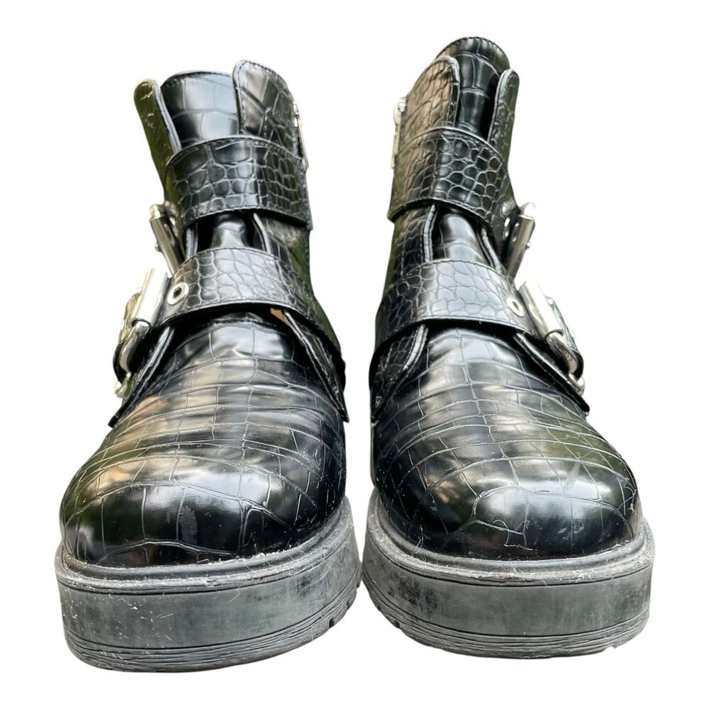 Chunky Moto Goth Punk Rock Aldo Black Patent Mock Croc Combat Boots Size 8.5 - Picture 9 of 16